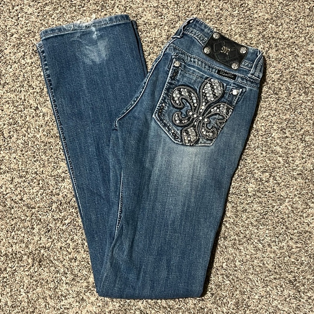 Miss Me Womens Blue Jeans, Size 27, Sequin Fleur, JP6220B, Bootcut, Distressed